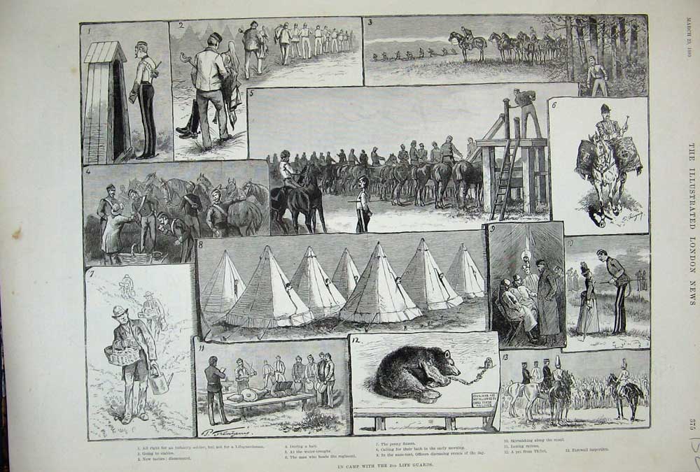 Original Old Antique Print 1889 Army Camp Officers Tents War Horses Siers 19th