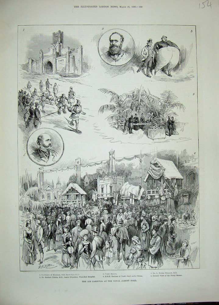 Original Old Antique Print 1889 Ice Carnival Royal Albert Hall Winslow Tibbits