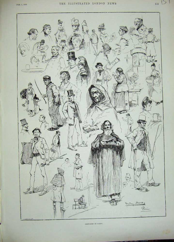 Original Old Antique Print 1889 Sketches Paris France People Men Women 19th