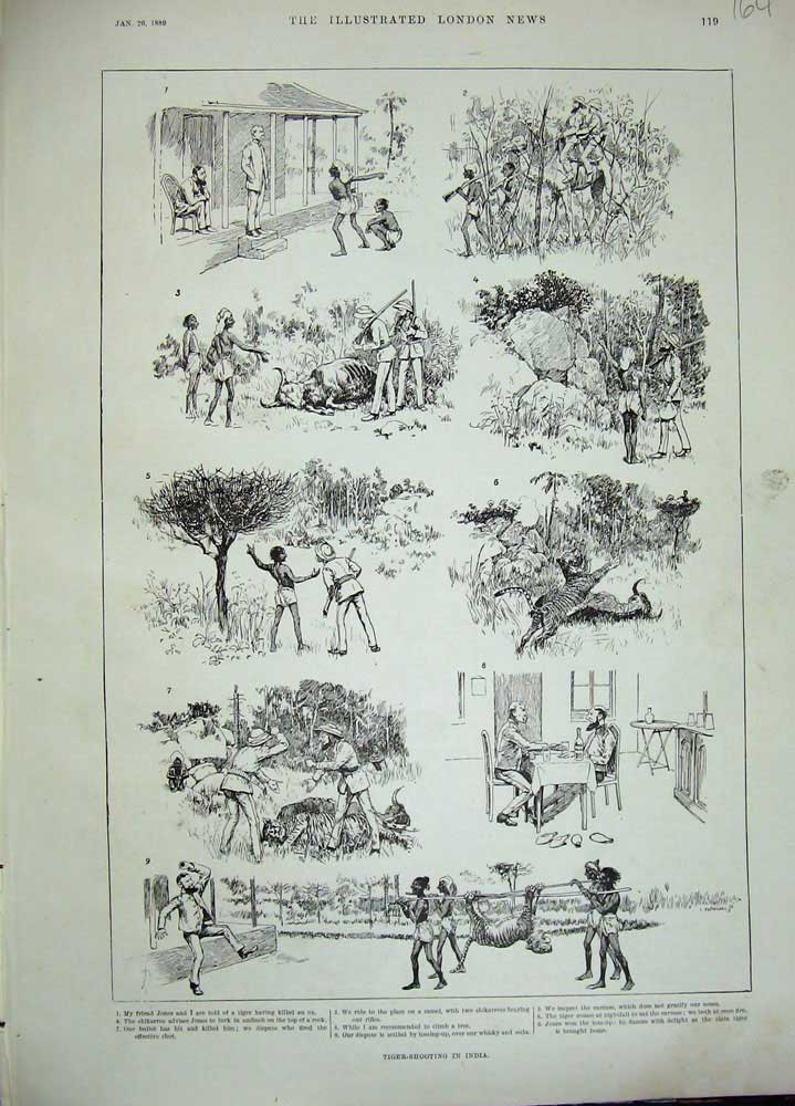 Old Antique Print 1889 Tiger Shooting India Sport Men Natives Guns Camel 19th