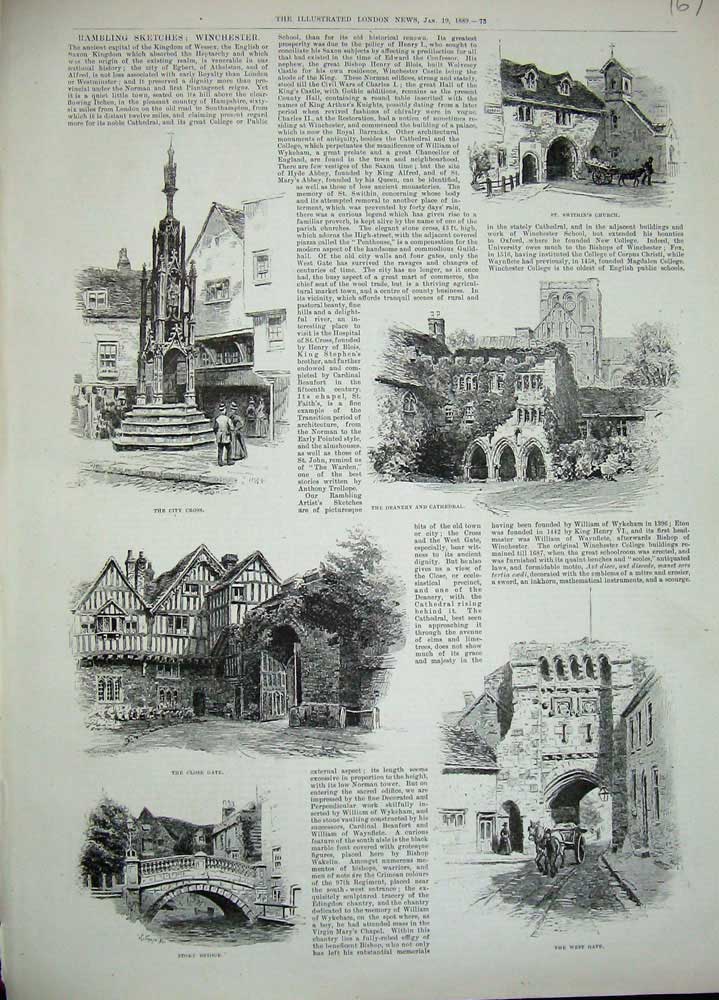 Old Antique Print 1889 Winchester Swithins Church Cathedral Stoke Bridge 19th