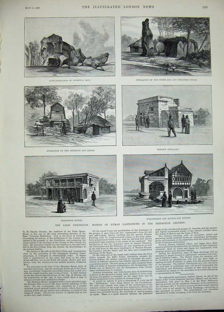 Old Antique Print 1889 Japanese House Persian Greek Hebrew Primeval Cave 19th