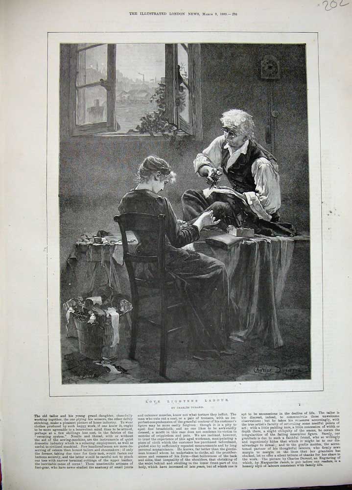 Old Antique Print 1889 Charles Durand Fine Art Romance Man Woman Sewing 19th