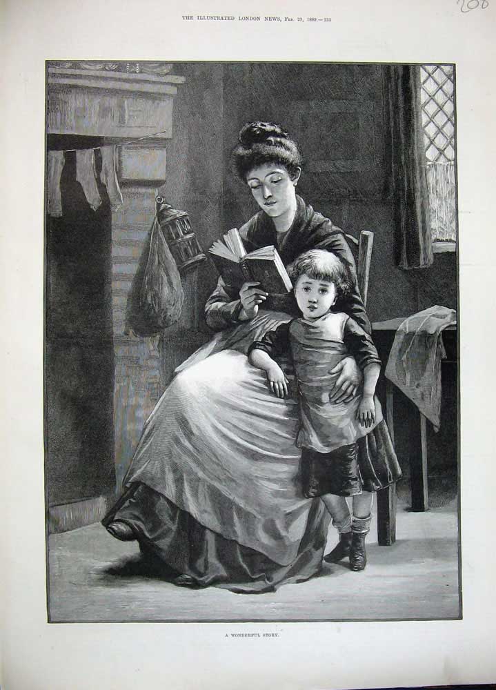 Original Old Antique Print 1889 Fine Art Mother Little Girl Story Book Lady