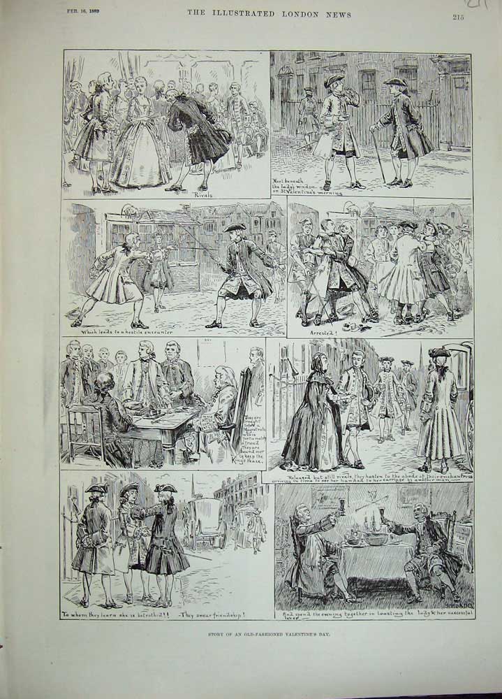 Old Antique Print 1889 Valentines Day Story Men Women Duel Romance Street 19th