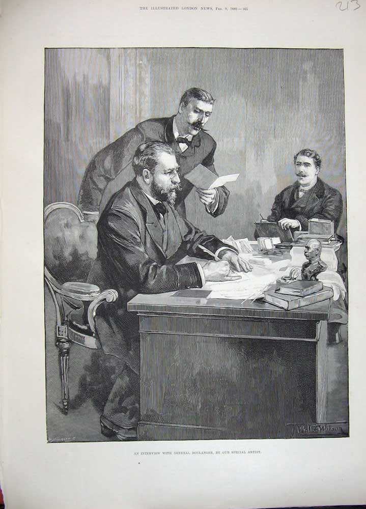 Original Old Antique Print 1889 Men Table General Boulanger Army War Fine Art