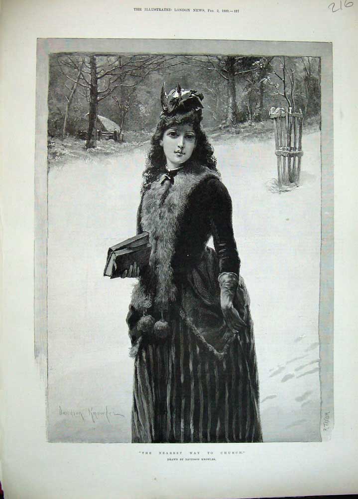 Old Antique Print 1889 Davidson Knowles Fine Art Lady Church Bible Snow 19th