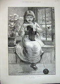 Old Antique Print 1889 Walker Fine Art Beautiful Young Girl Knitting Wool 19th