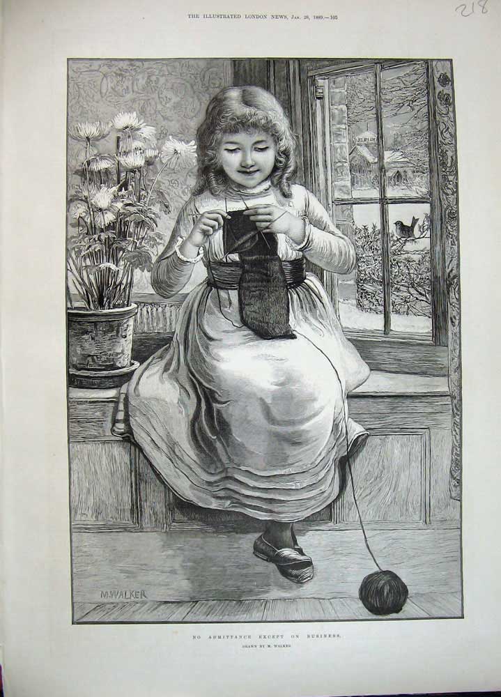 Old Antique Print 1889 Walker Fine Art Beautiful Young Girl Knitting Wool 19th