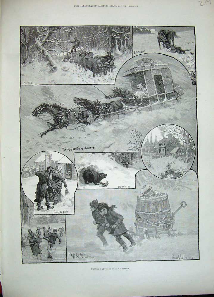 Original Old Antique Print 1889 Winter Sketches Nova Scotia Snow Horse Carriage