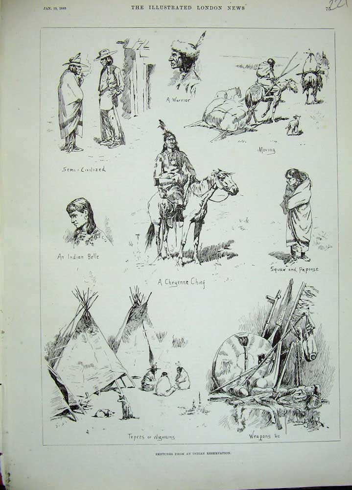 Original Old Antique Print 1889 Indian Reservation Cheyenne Chief Squaw Wigwams