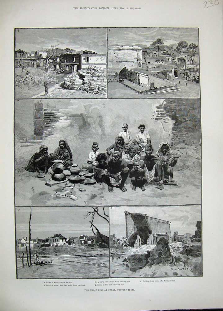 Original Old Antique Print 1889 Great Fire Surat India Temple Native Family