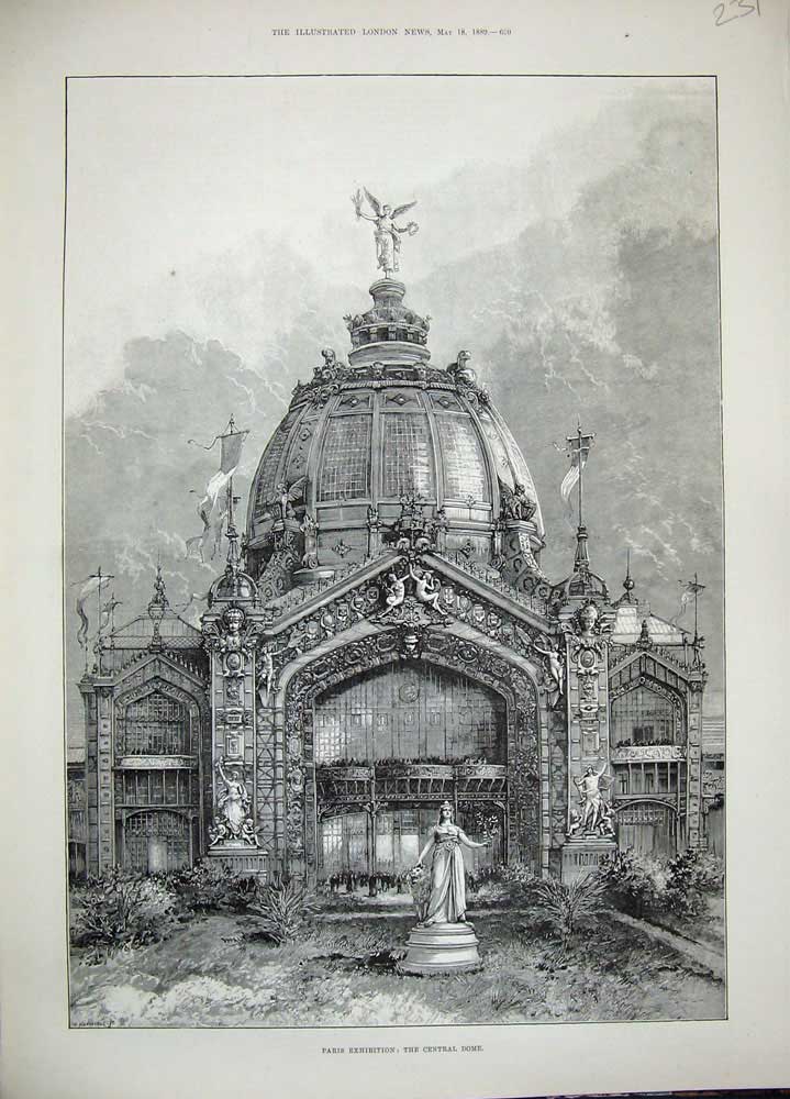 Original Old Antique Print 1889 Paris Exhibition France Central Dome Statue