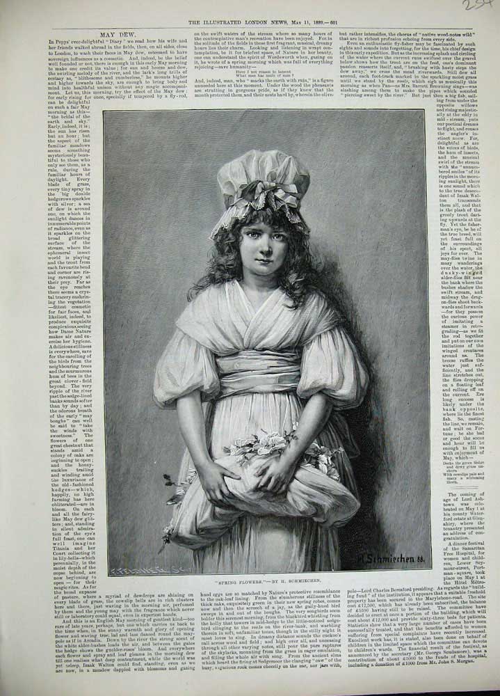 Original Old Antique Print 1889 Portrait Beautiful Flower Girl Schmiechen 19th