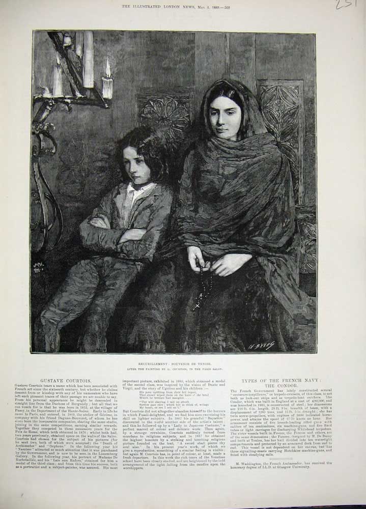 Original Old Antique Print 1889 Fine Art Recueillement Souvenir Venise Lady Boy