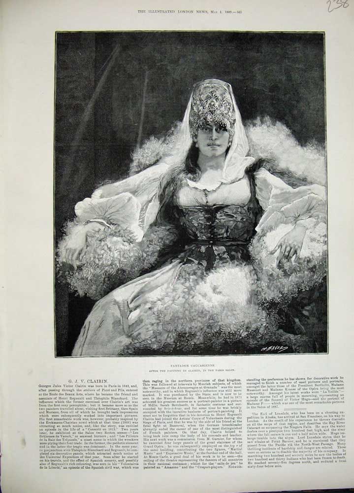 Original Old Antique Print 1889 Clairin Fine Art Portrait Fantaisie Caucasienne