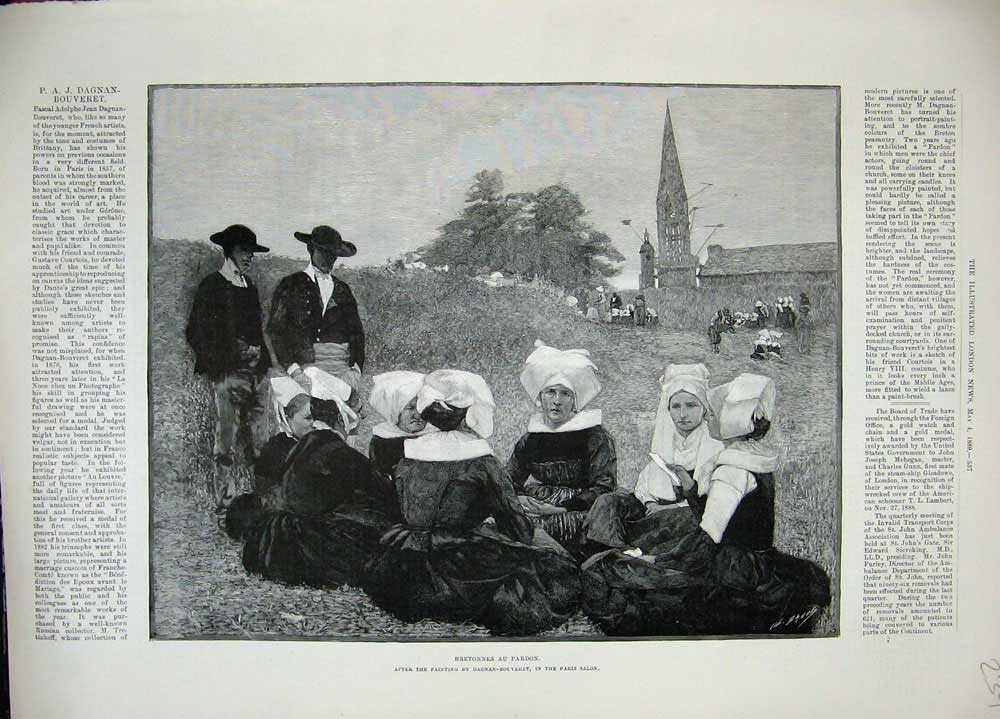 Original Old Antique Print 1889 Bretonnes Au Pardon Nuns Church Country Village