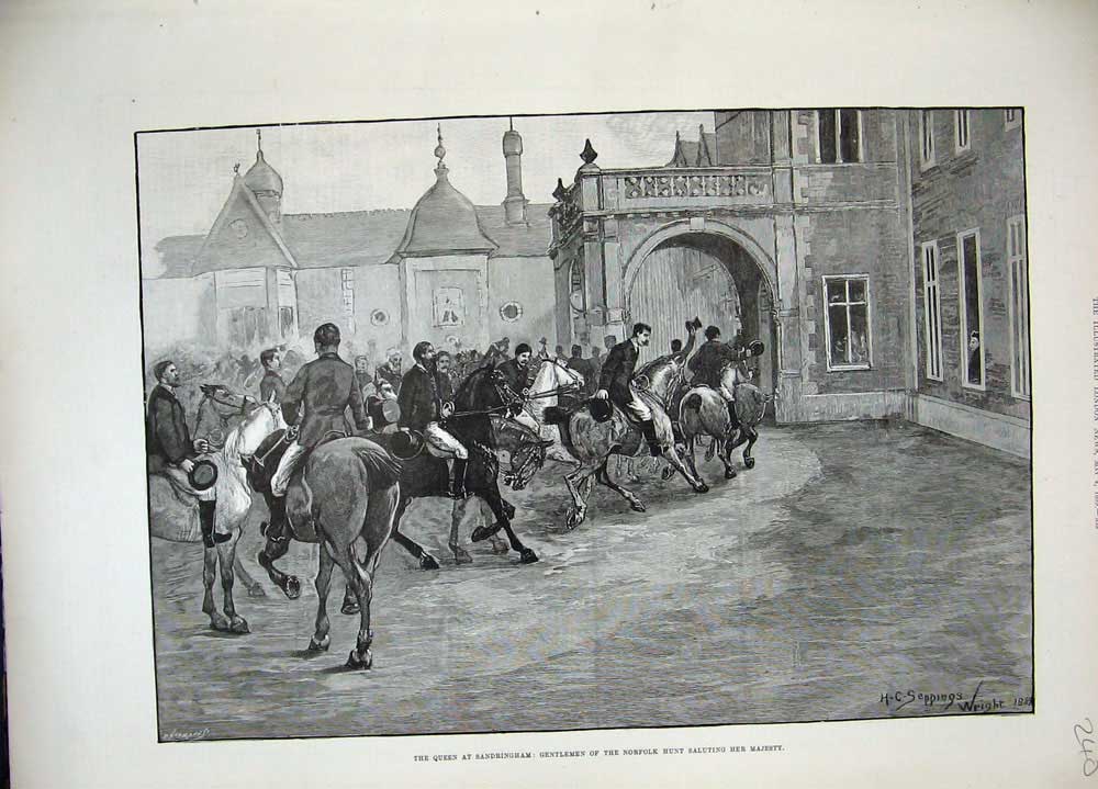 Original Old Antique Print 1889 Queen Sandringham Norfolk Hunt Horses Men Sport