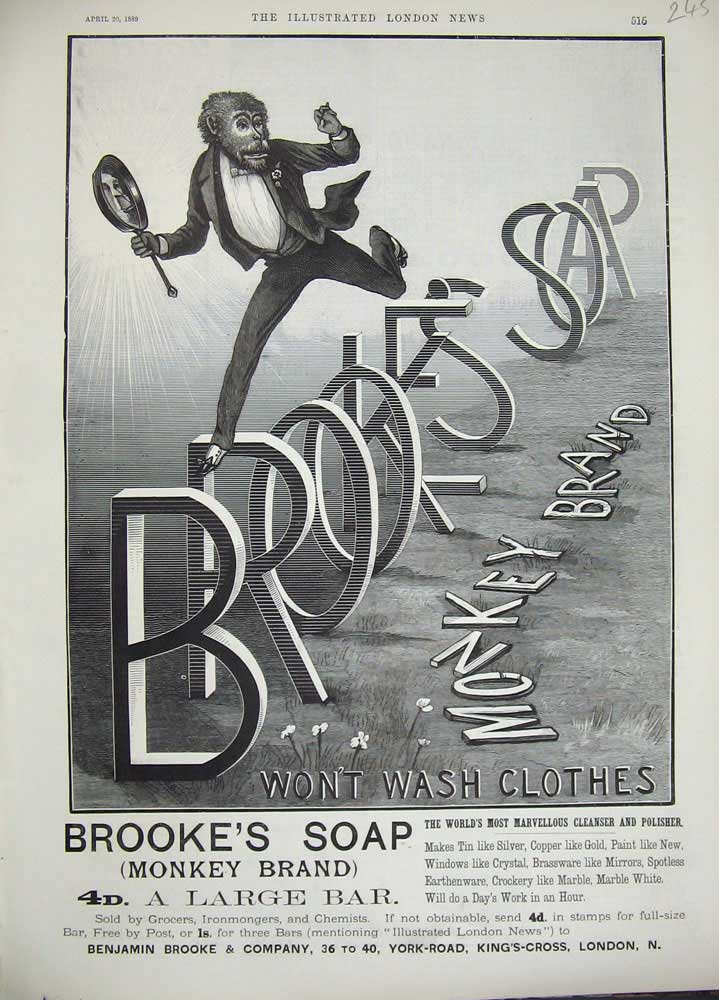 Old Antique Print 1889 Advertisement Brokke'S Monkey Brand Soap Clothes 19th