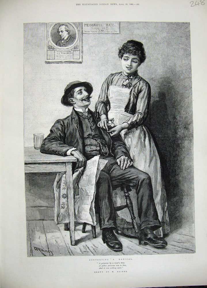 Old Antique Print 1889 Rainey Fine Art Man Woman Romance Flower Primrose 19th