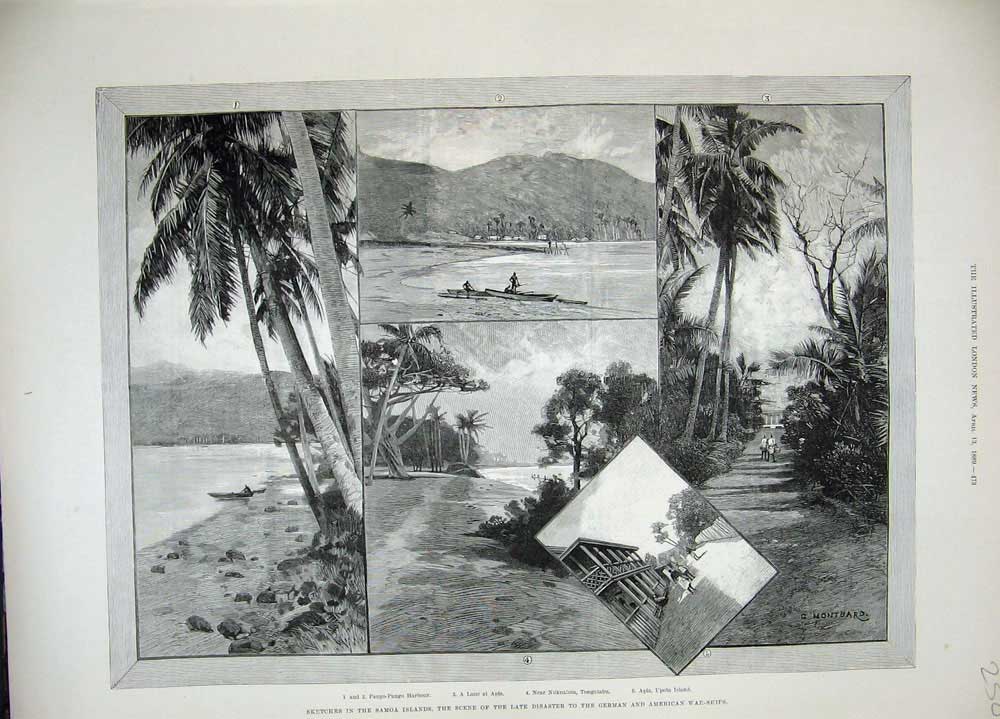 Old Antique Print 1889 Somoa Islands Pango Harbour Apia Tongatabu Upolu 19th