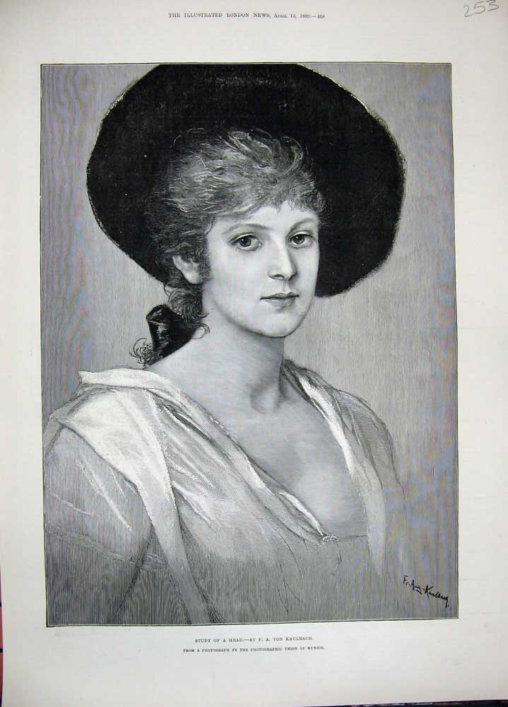 Original Old Antique Print 1889 Kaulbach Fine Art Portrait Beautiful Woman Hat