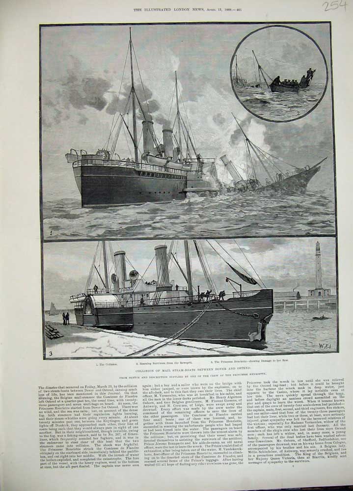 Old Antique Print 1889 Mail Steam Boats Collision Bowsprit Henriette Ship 19th