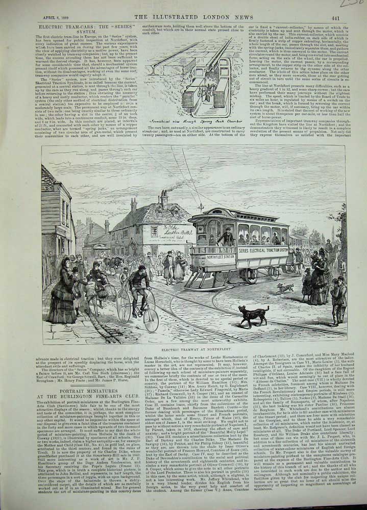 Original Old Antique Print 1889 Electric Tramway Northfleet Railway Train Town
