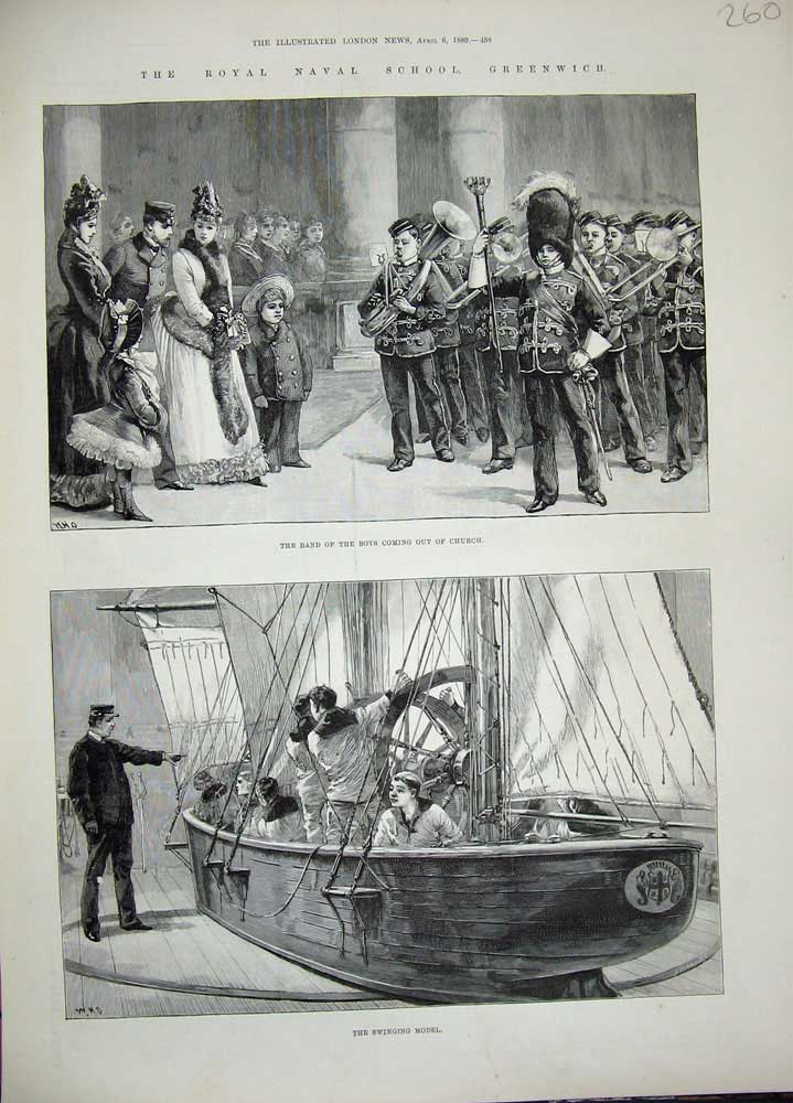 Old Antique Print 1889 Royal Naval School Greenwich Music Boys Band Ship 19th
