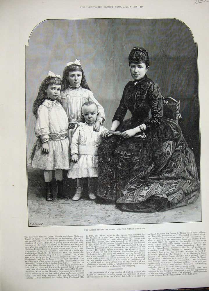 Original Old Antique Print 1889 Queen Regent Spain Children Mother Royalty Art