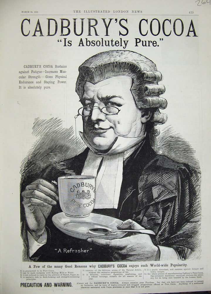 Old Antique Print 1889 Advertisement Cadbury'S Cocoa Drinking Chocolate 19th