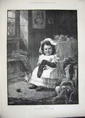 Old Antique Print 1889 Salmon Fine Art Litle Girl Grandmother Sewing Cat 19th