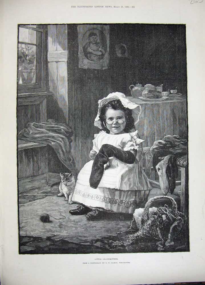 Old Antique Print 1889 Salmon Fine Art Litle Girl Grandmother Sewing Cat 19th
