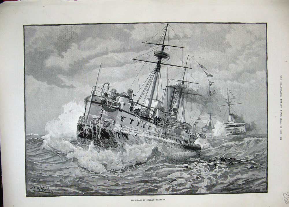 Old Antique Print 1889 Fine Art Ironclad Ship Stormy Weather Sea Sailing 19th