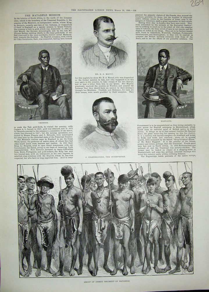 Original Old Antique Print 1889 Maund Umshete Imbezu Matabele Siers Babyjane