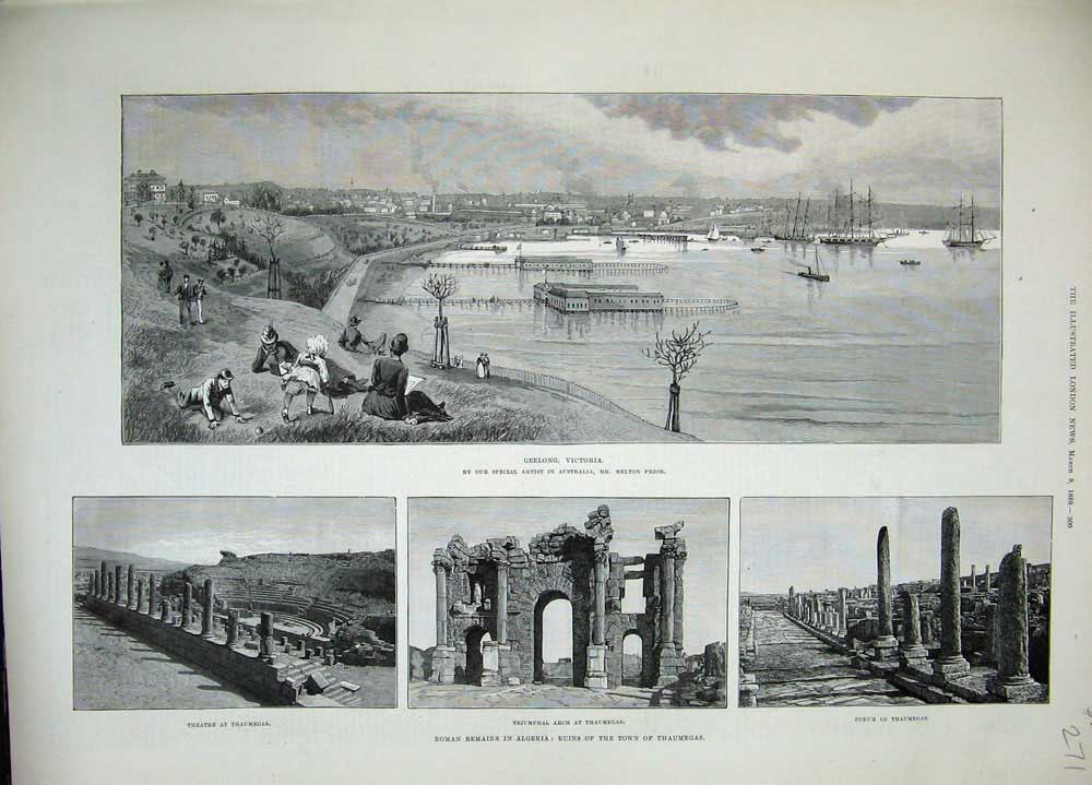 Old Antique Print 1889 Roman Algeria Thaumegas Theatre Geelong Victoria 19th