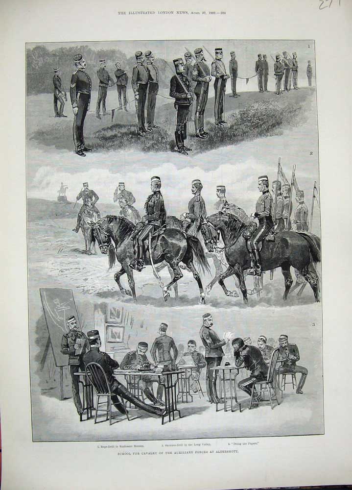 Original Old Antique Print 1889 School Cavalry Auxiliary Forces Aldershott Army