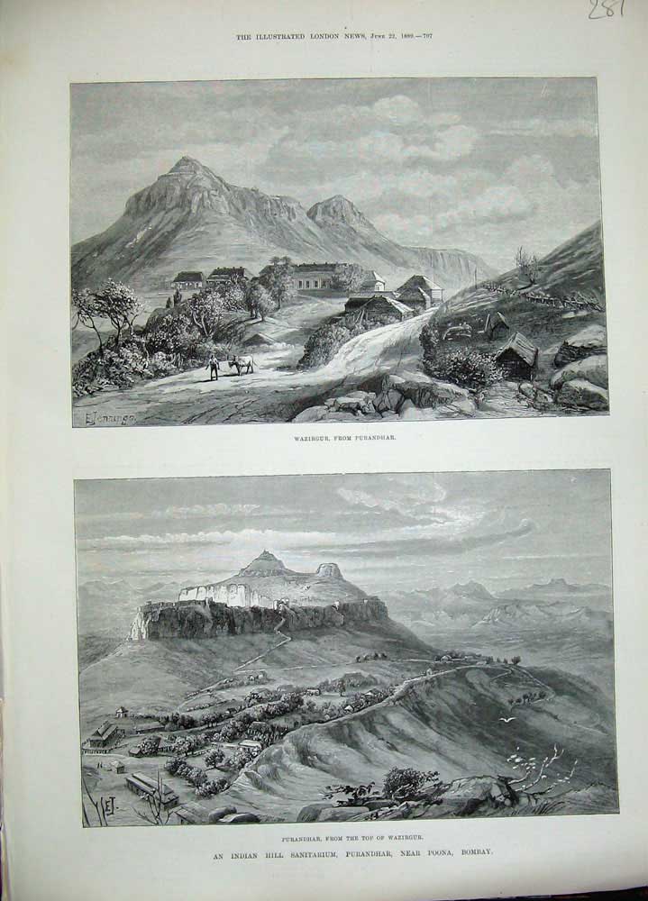Original Old Antique Print 1889 Wazirgur Purandhar Indian Hill Poona Bombay Art
