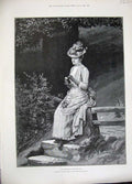 Old Antique Print 1889 Grosvenor Gallery Fine Art Beautiful Lady Flowers 19th
