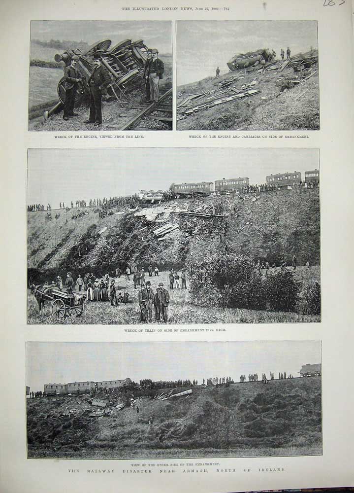 Old Antique Print 1889 Railway Crash Armagh Ireland Train Engine Carriage 19th