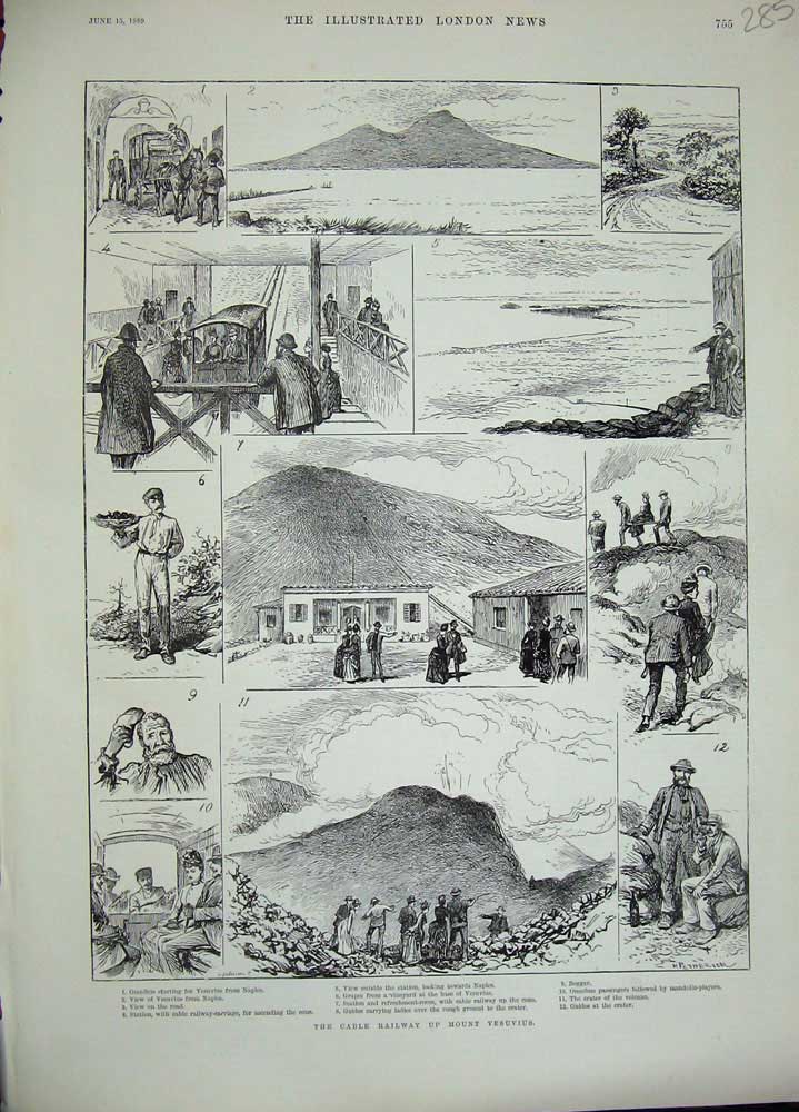 Old Antique Print 1889 Cable Railway Mount Vesuvius Naples Volcano Crater 19th