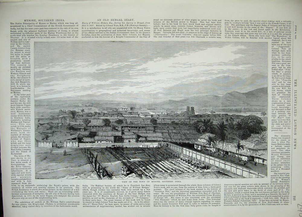 Old Antique Print 1889 View Town Mysore Southern India Mountains Houses 19th