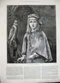 Original Old Antique Print 1889 Moscheles Fine Art Little Girl Falconer Bird