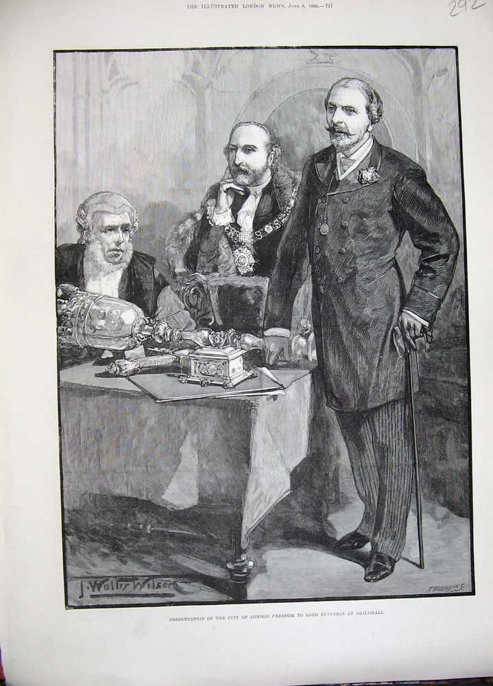 Original Old Antique Print 1889 City London Freedom Lord Dufferin Guildhall Man