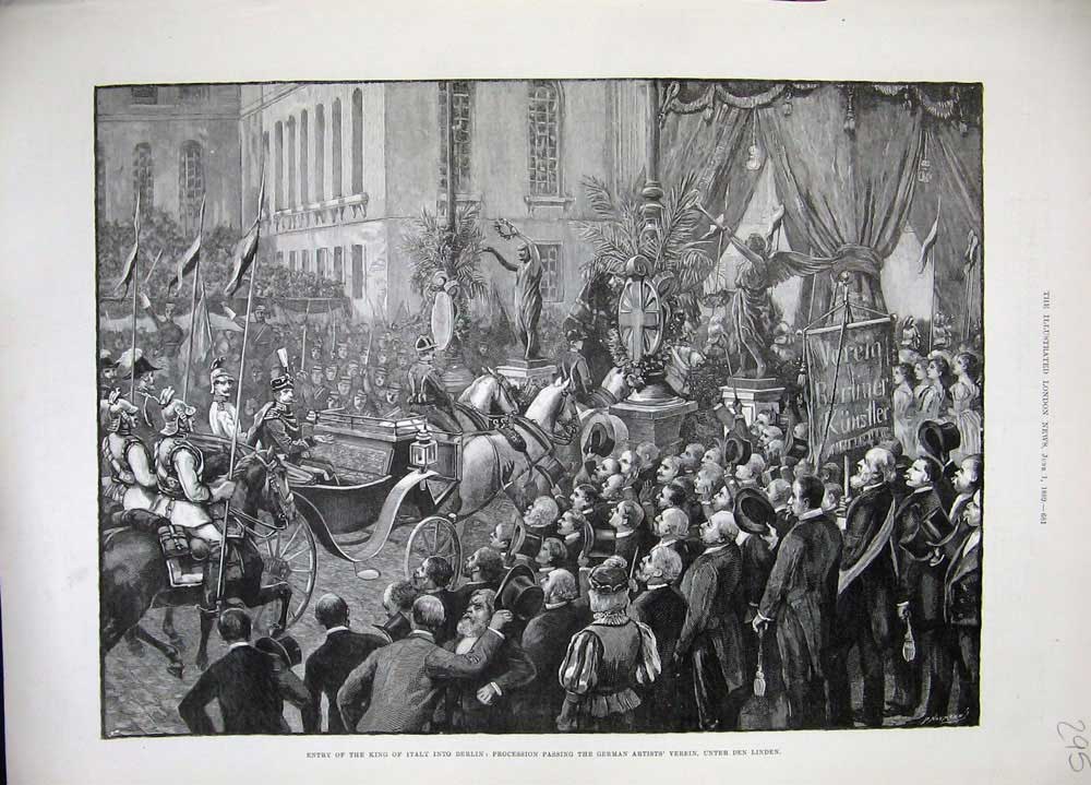 Old Antique Print 1889 King Italy Berlin Procession Verein Unter Linden 19th