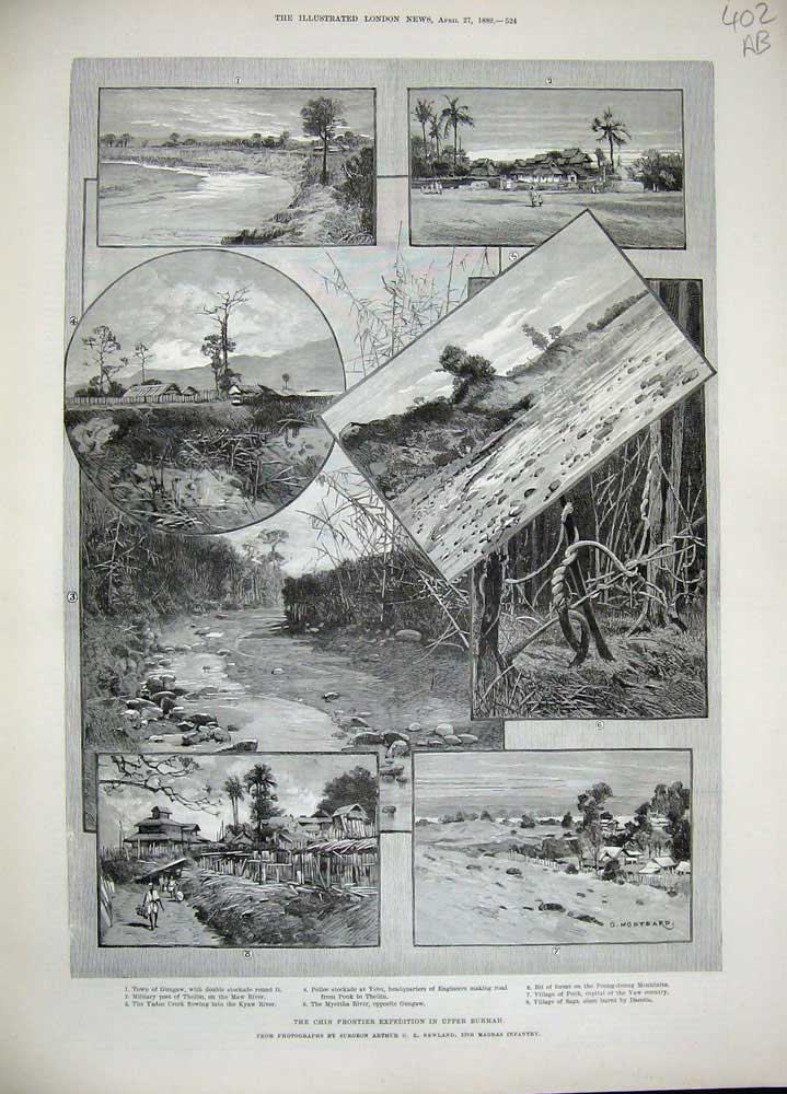 Antique Old Print 1889 Chin Frontier Burmah War Looshai Phyrang River War 19th