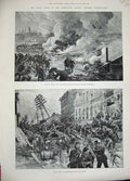 Old Antique Print 1889 Pennsylvania Railway Fire Johnstown Flood River 19th