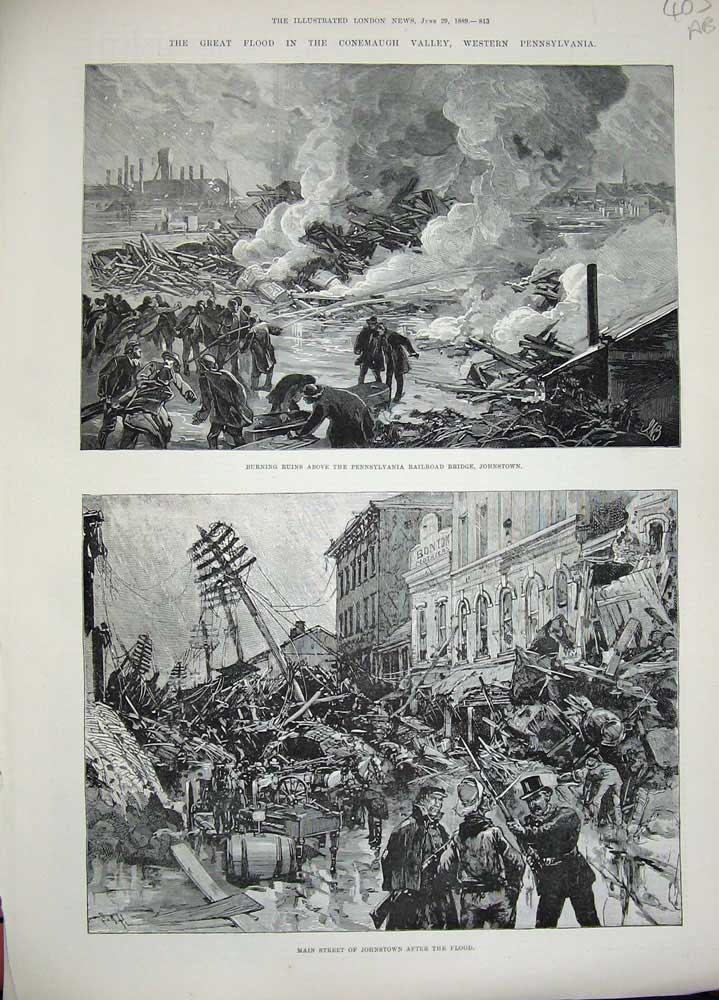 Old Antique Print 1889 Pennsylvania Railway Fire Johnstown Flood River 19th