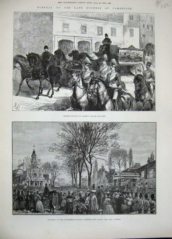 Old Antique Print 1889 Funeral Duchess Cambridge Kew Church Queen Palace 19th