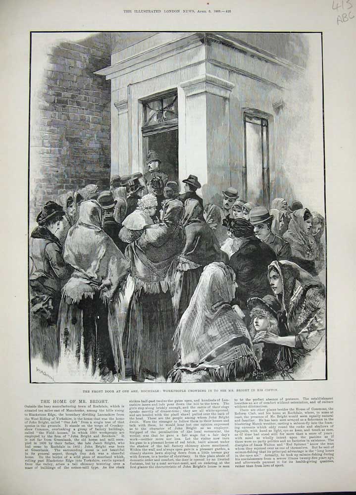 Old Antique Print 1889 One Ash Rochdale Workpeople Bright Coffin Funeral 19th
